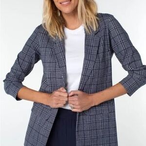 Liverpool Plaid Open-Front Blazer in Navy and Gray